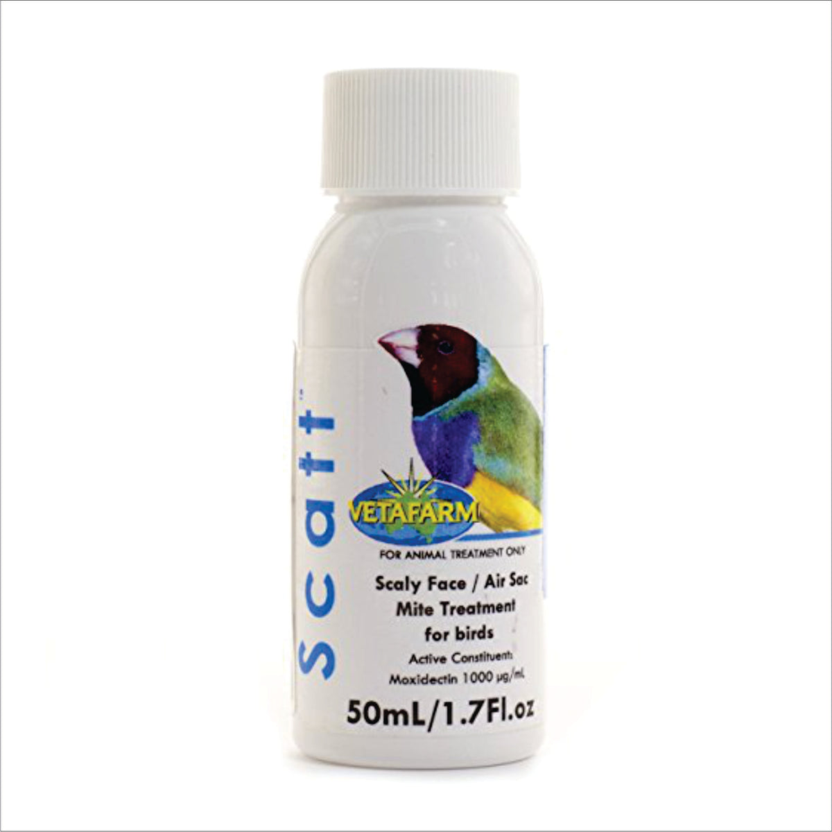 SCATT. Drop on treatment for scaly face (Knemidocoptes spp.) and air sac mite (Sternostoma spp.) in ornamental birds.
