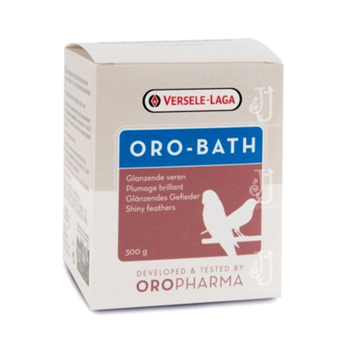 Versele-Laga ORO-BATH 300g bird-care product by Oropharma for shiny feather care.